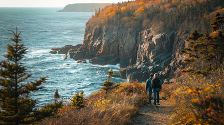 Scenic Coastal Hike Along Rugged Cliffs in Autumn at Acadia National Parkの素材