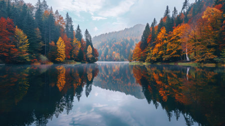 Autumn Reflections on a Tranquil Lake Surrounded by Colorful Trees in the Mountainsの素材