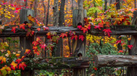 Autumn Leaves Climbing A Wooden Fence In A Colorful Forestの素材