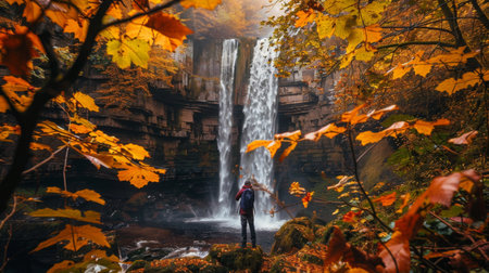 Waterfall Surrounded by Autumn Foliage in a Forest Clearingの素材