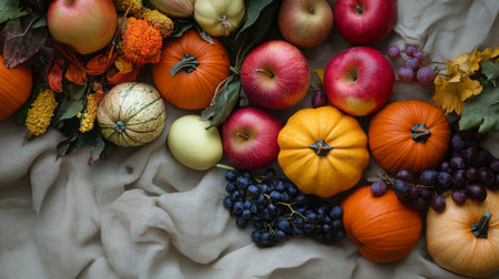 Colorful array of autumn fruits and pumpkins arranged on a rustic fabric backgroundの素材