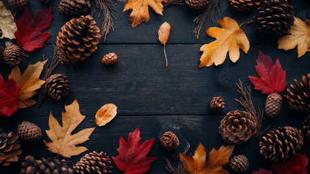 Colorful autumn leaves and pine cones arranged on a dark wooden surfaceの素材