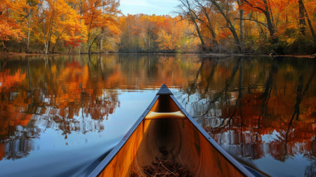 Canoeing on a Tranquil Lake Surrounded by Vibrant Autumn Foliage in Late Afternoonの素材