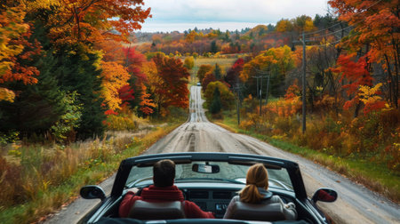Autumn Drive Through Vibrant Fall Foliage on a Scenic Country Roadの素材