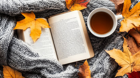 Cozy autumn setup with a book, tea, and fallen leaves on a knitted blanketの素材