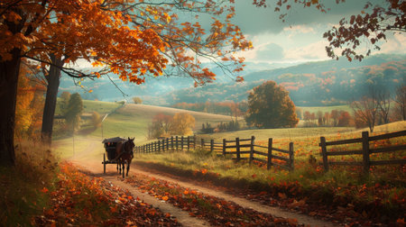 Horse-Drawn Carriage Journey Through Autumn Landscape in Countrysideの素材