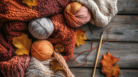 Cozy yarns and autumn leaves on rustic wooden table in warm afternoon lightの素材