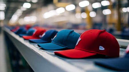 Caps in a factory production line during daylightの素材