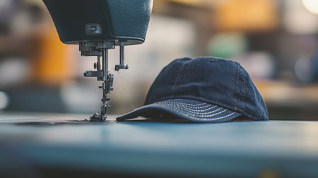 Sewing machine stitching a hat in a workshop during daylight hoursの素材