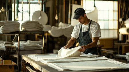Young man folding fabric in a textile workshop during the afternoonの素材