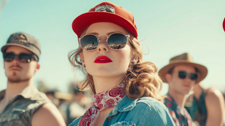 Young adults enjoying a festival in a sunny outdoor setting with vintage fashionの素材