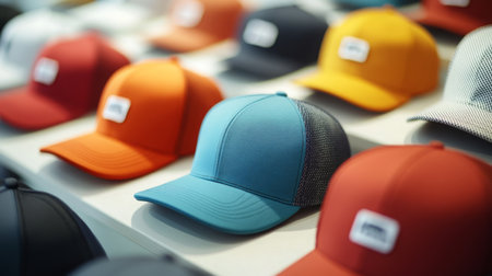 Colorful collection of caps displayed on a shelf in a retail storeの素材