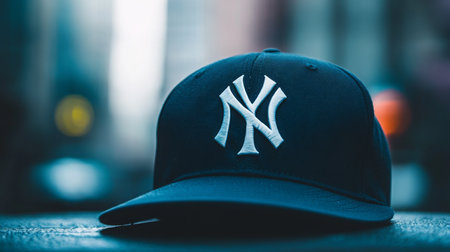 New York cap resting on a ledge in a bustling urban setting during early eveningの素材