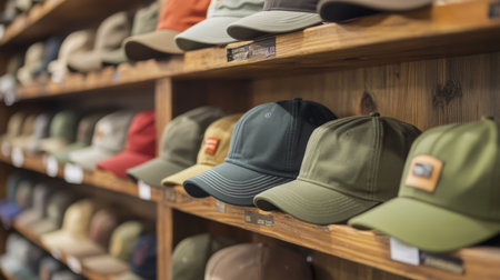 Display of various hats arranged on wooden shelves in a retail store during daylight hoursの素材