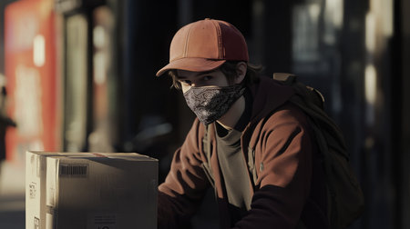 Young man with a mask delivering a package on a city street in the late afternoonの素材