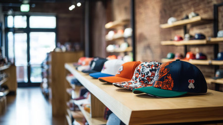 A variety of stylish hats displayed on wooden shelves in a trendy clothing storeの素材