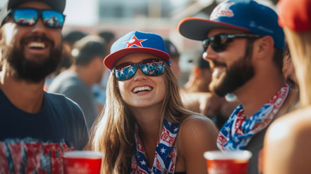 Group of friends enjoying a summer festival while wearing colorful hats and sunglassesの素材