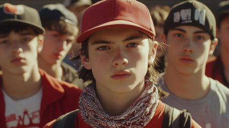 Group of young adolescents wearing caps and looking intently during an outdoor eventの素材