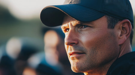 Man looking pensively during an outdoor event at sunset with a crowd in the backgroundの素材