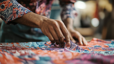 Textile artisan arranging vibrant fabric patterns in a workshop during daylightの素材