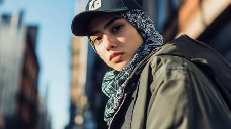 Young woman in stylish outerwear and scarf poses confidently in urban setting on sunny dayの素材