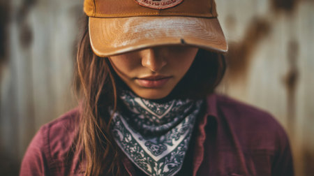 Young woman wearing a hat and bandana poses outdoors in natural lightの素材