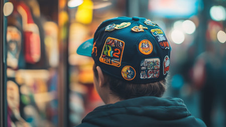 Young person wearing a patch-adorned cap while browsing a store at duskの素材
