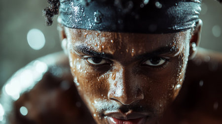 Young athlete training intensely indoors with sweat glistening on his skinの素材
