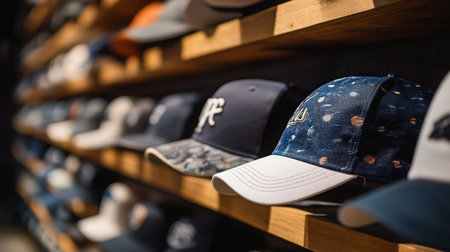 Display of various hats in a retail store during the eveningの素材