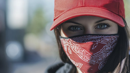 Woman wearing a red bandana and cap in an urban setting during daylight hoursの素材