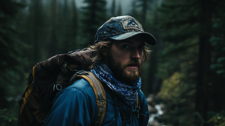A backpacker explores a forest trail on a misty day near a mountain streamの素材