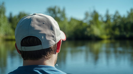 Man enjoying a peaceful moment by the riverbank on a sunny dayの素材
