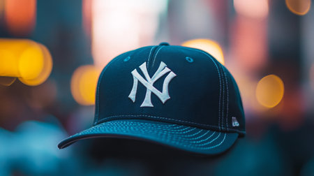 New York cap displayed against a blurred city background during the eveningの素材