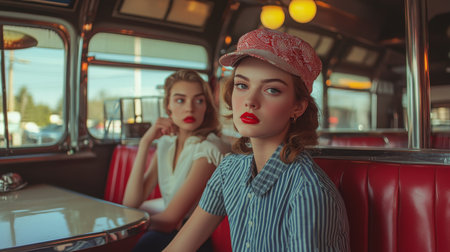 Young women in retro diner setting enjoying conversation in mid-century Americaの素材