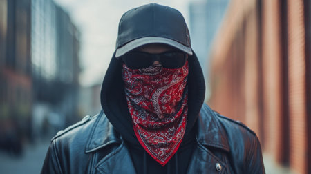 A person in a black leather jacket and sunglasses stands in an urban alley during the dayの素材