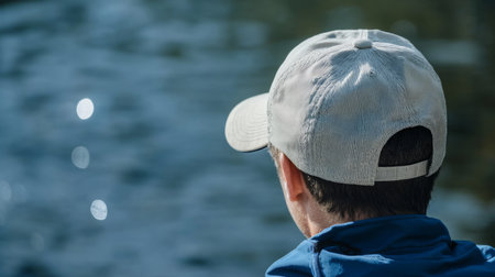 Person enjoying tranquility by a calm lake during daylight hoursの素材