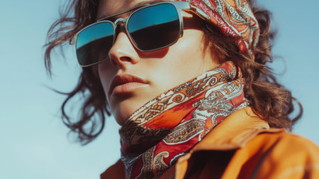 Young woman wearing sunglasses and a scarf outdoors on a sunny dayの素材