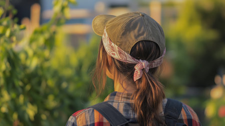 Woman in a cap and plaid shirt tending to a vineyard during sunsetの素材