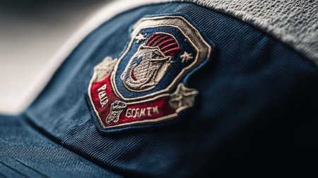 Close-up of a detailed embroidered emblem on a navy blue cap with a textured topの素材