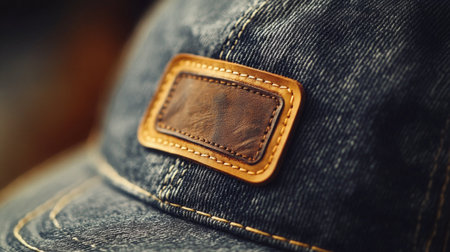Close-up of a denim cap with a leather patch during daytimeの素材