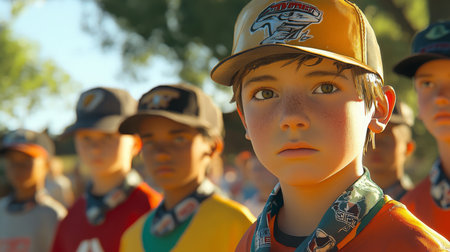 Young campers participate in a summer baseball training session at a local parkの素材