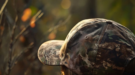 A person wearing a camouflage cap while observing nature in a forest during sunsetの素材