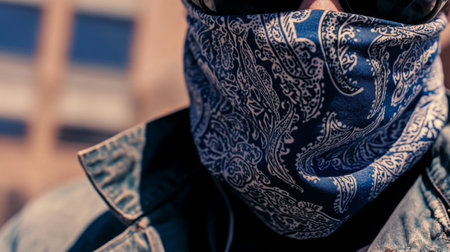 Individual wearing a patterned mask in an urban setting during the dayの素材
