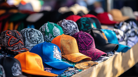 Colorful variety of patterned caps displayed at a market stall during bright daylightの素材