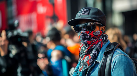 Masked individual in urban setting during a public gatheringの素材
