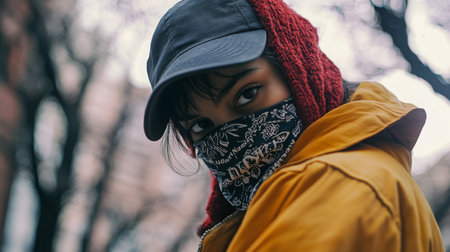 Young person in yellow jacket and cap wearing face mask in an urban setting during winterの素材