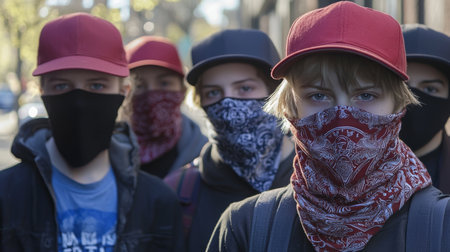 Group of masked youths wearing hats and bandanas in an urban setting during daylightの素材