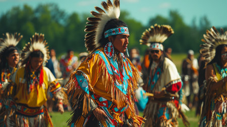 Native American dancers in traditional attire performing at a cultural festival in summerの素材