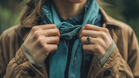 Woman tying a teal scarf while wearing a brown jacket outdoors in the morning lightの素材