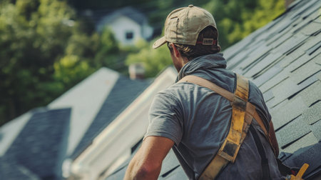 Roofer working on residential roof during sunny day in suburban neighborhoodの素材